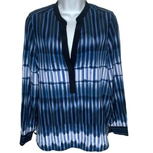 Vince Womens Silk Popover V Neck Blouse Size 6 Blue and Black Tie Dye Stripe